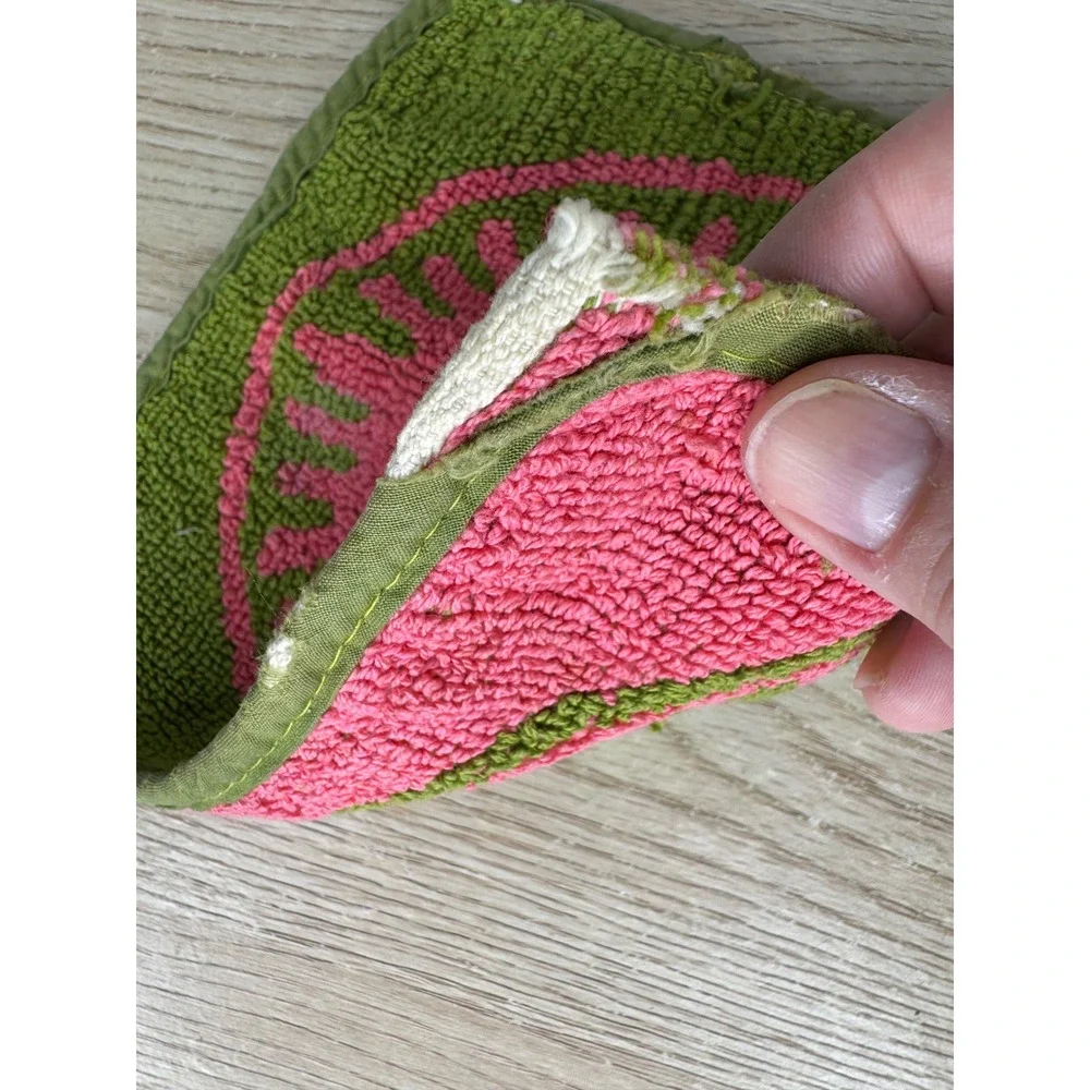 Vintage Pink Green Terry Cloth Potholder Retro Sunburst Floral Reversible 7.5in